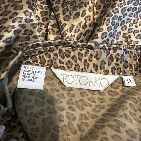 Vintage Womens Silk Leopard Print Button Blouse Top Large Career Mobwife Siren - Picture 12 of 14